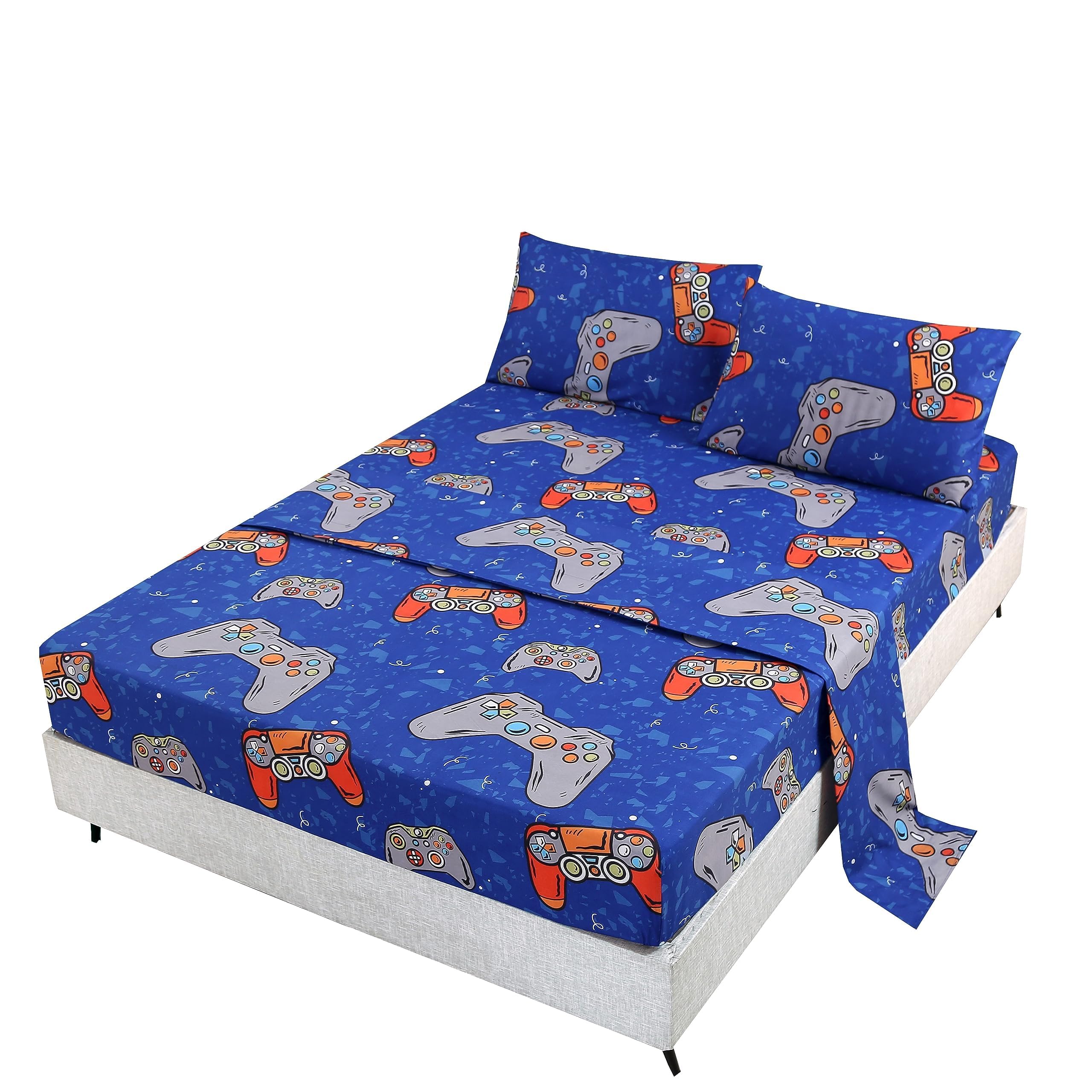 Sdiii 4Pcs Blue Gamer Sheets Set Queen, Bed In A Bag Gaming Bedding Sheet Queen, Wrinkle And Fade Resistant, Soft Queen Sheets F